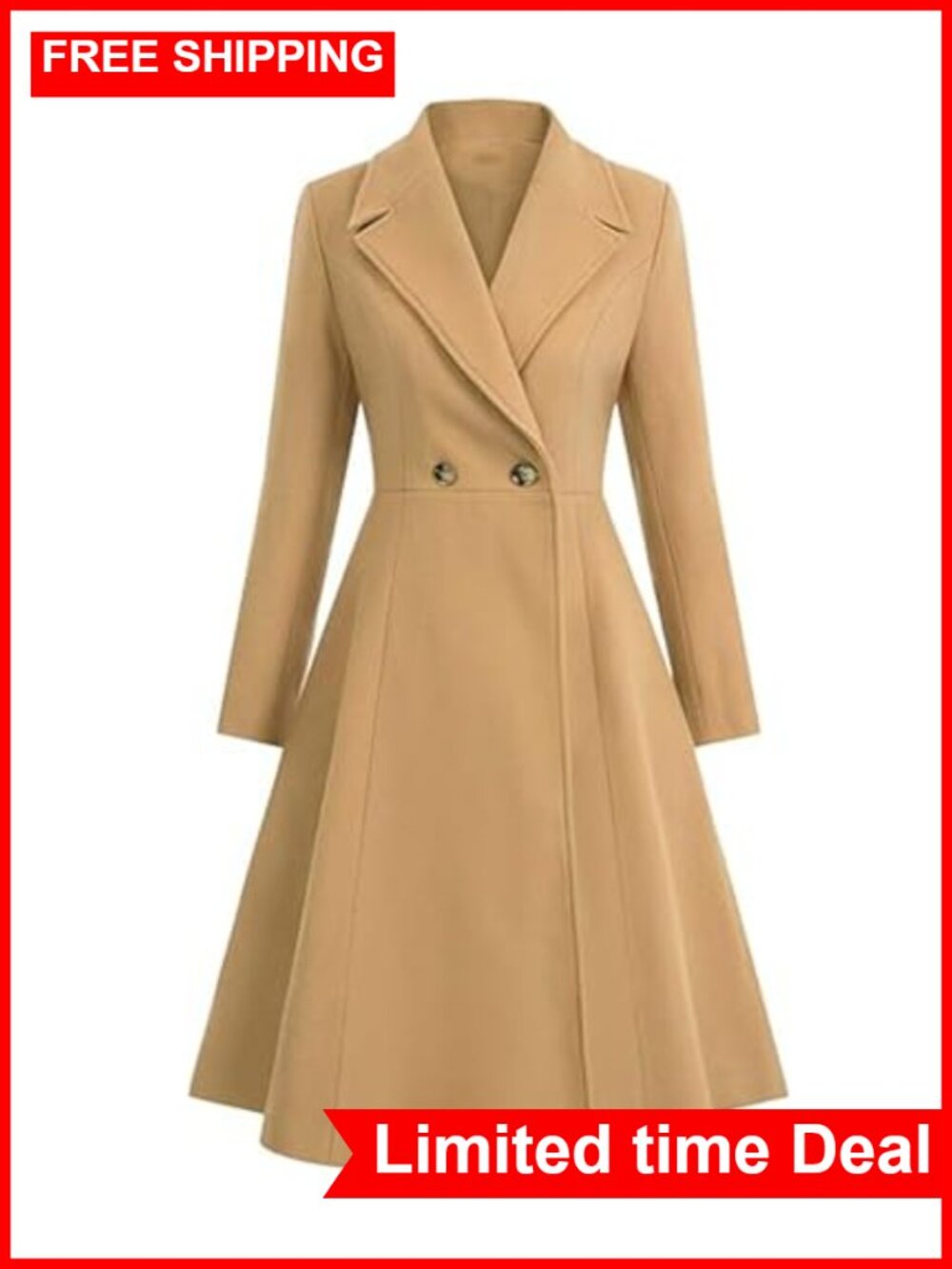 Wool Blend Long Trench Coat Double Breasted A Line Pleated Peacoat
